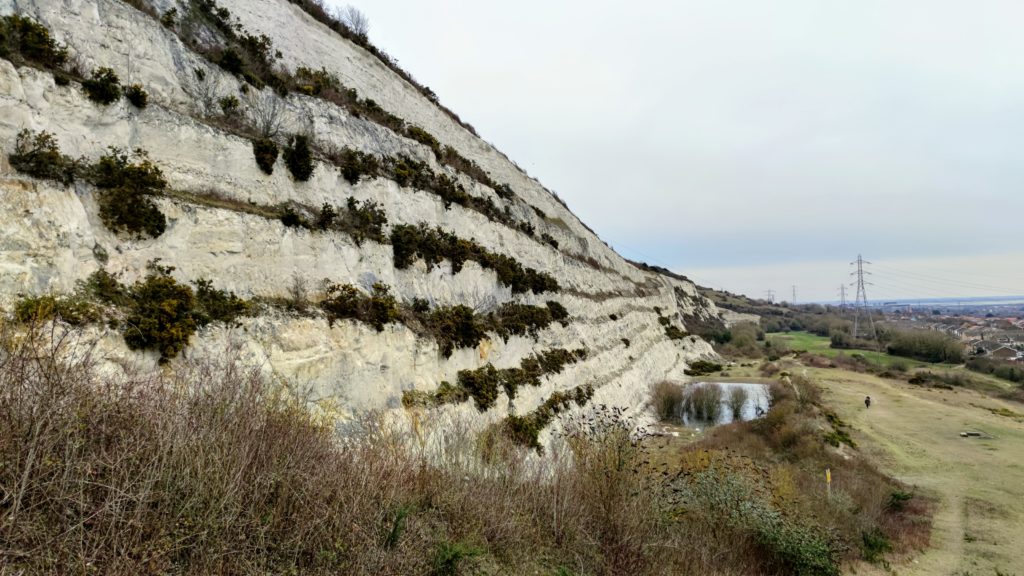 View of Paulsgrove Chalk Pit, the cliff into which Paulsgrove Radio Station is dug